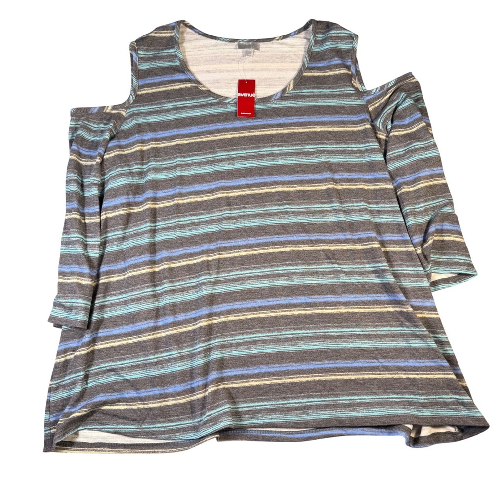Avenue Womens Plus Size 22/24 Cold Shoulder Striped Knit Top Grey Blue NWT